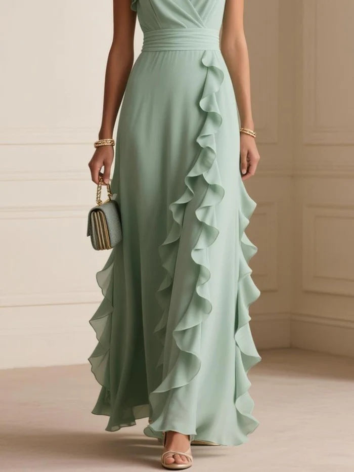 Elegant V Neck Ruffle Maxi Dress With Flutter