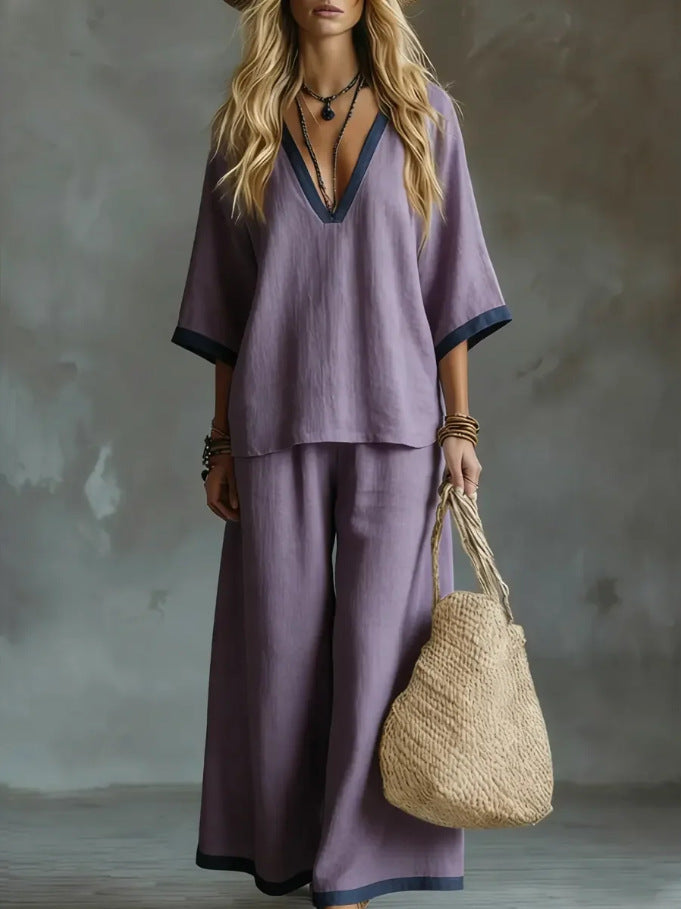Contrast Trim V-Neck Wide-Leg Two-Piece Set