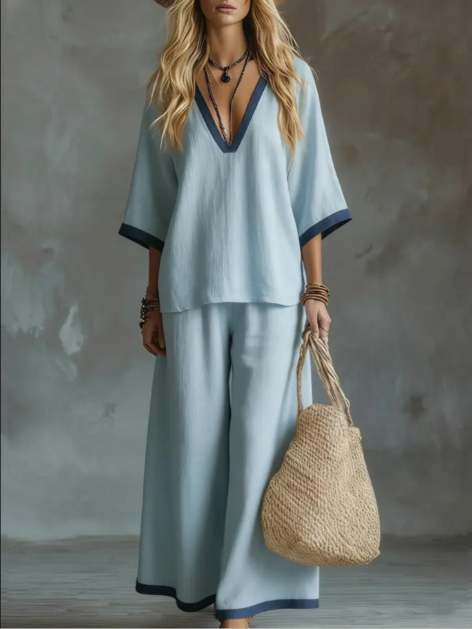 Contrast Trim V-Neck Wide-Leg Two-Piece Set