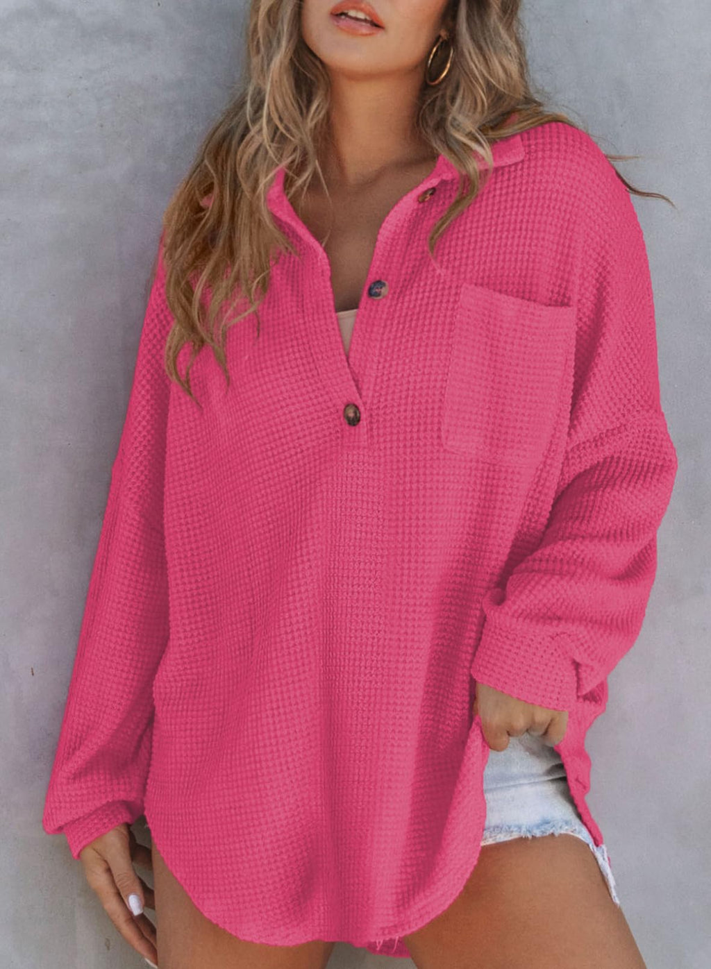 New Waffle Knit Henley V Neck Shirt Jacket