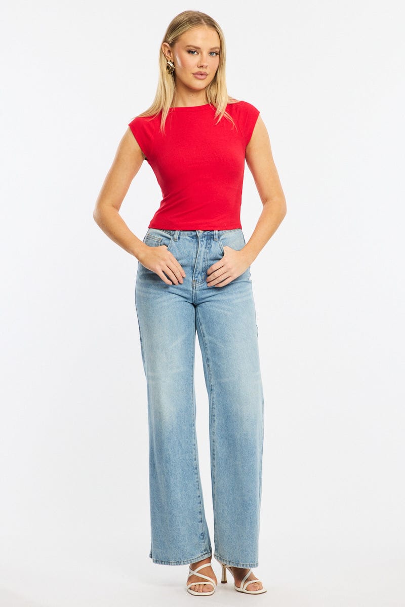 Red Boat Neck Top Short Sleeve