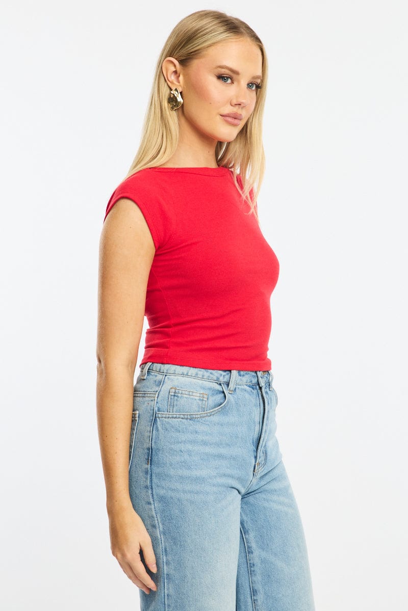 Red Boat Neck Top Short Sleeve