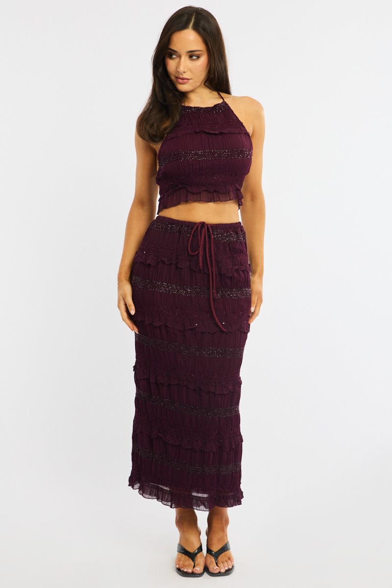 Red Maxi Skirt Elastic Waistband Ruffle Textured