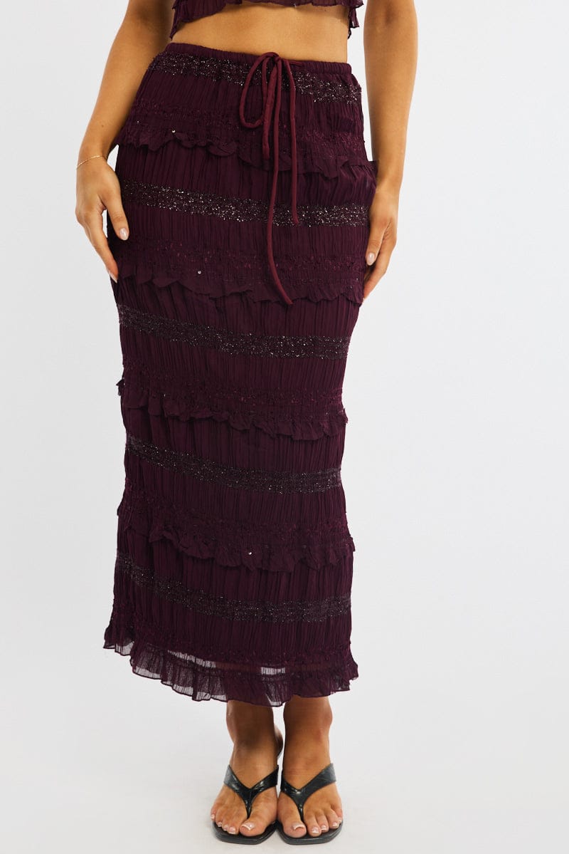 Red Maxi Skirt Elastic Waistband Ruffle Textured