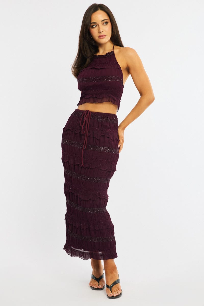 Red Maxi Skirt Elastic Waistband Ruffle Textured