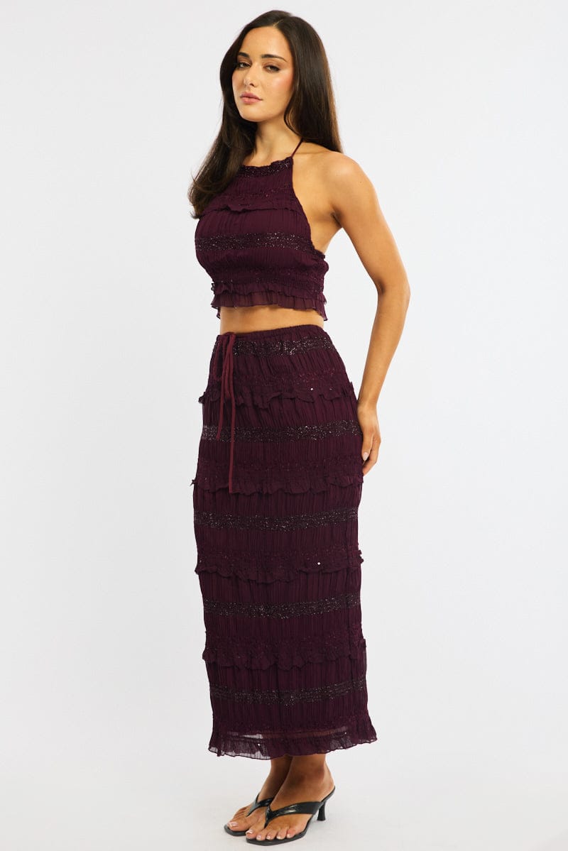 Red Maxi Skirt Elastic Waistband Ruffle Textured