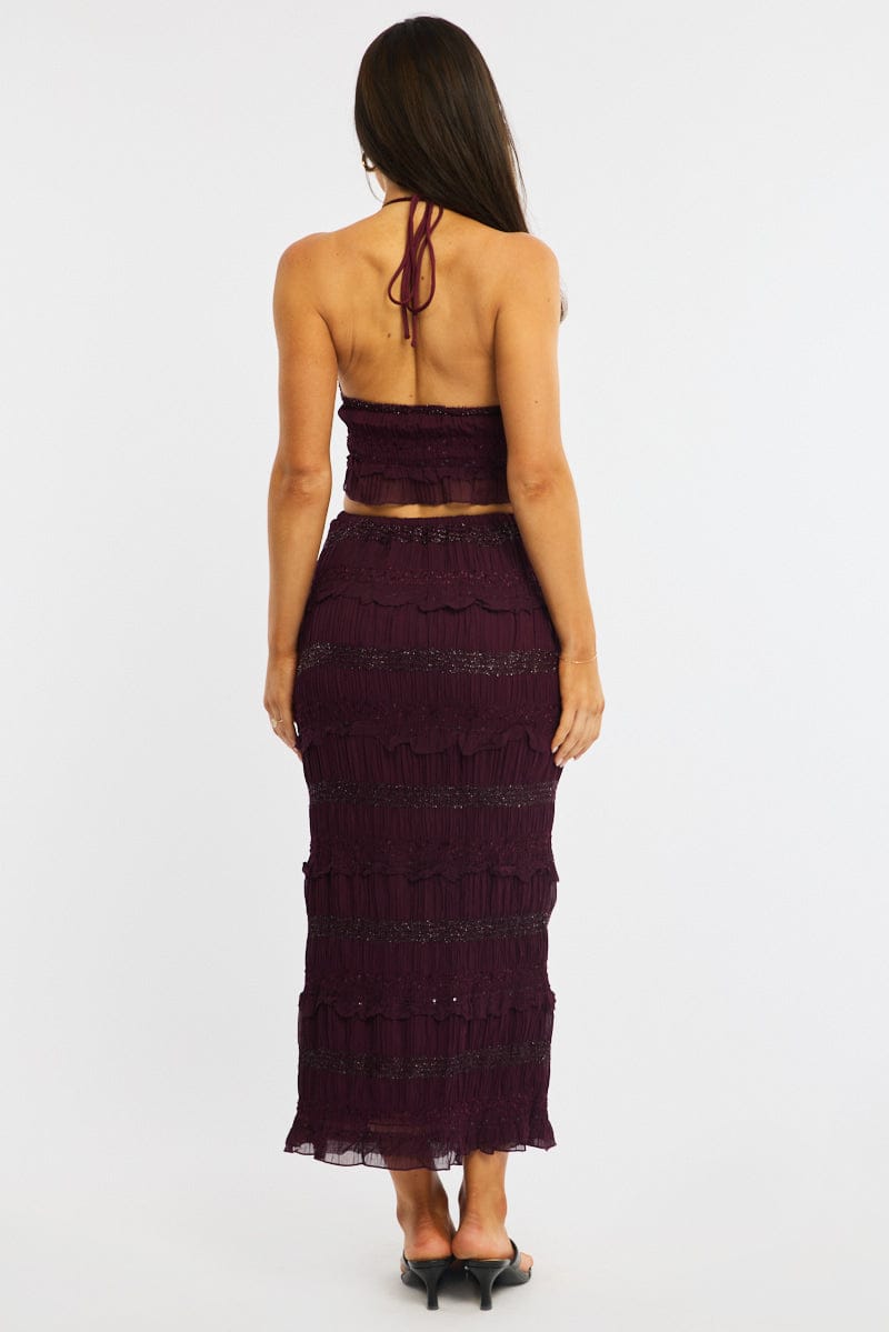 Red Maxi Skirt Elastic Waistband Ruffle Textured