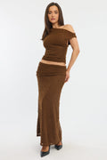 Brown Maxi Skirt Textured Gathered Waist Stretch Lined