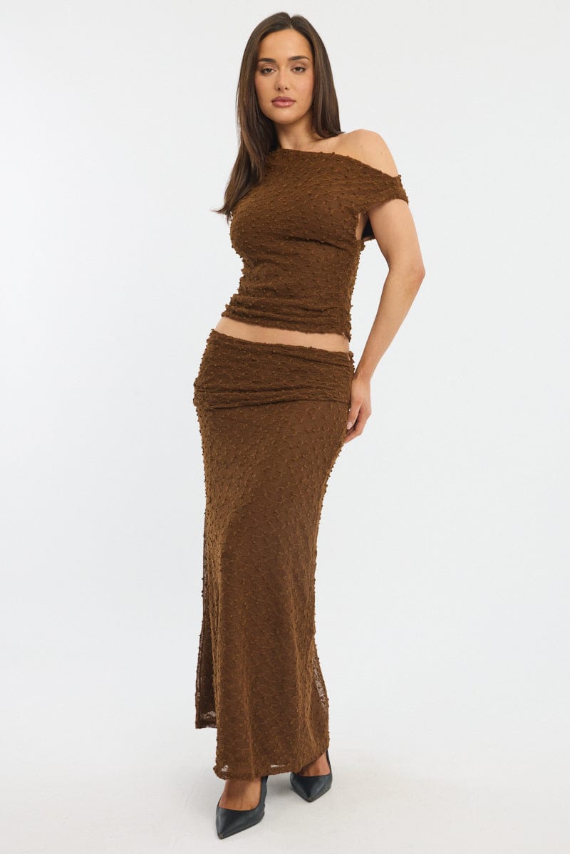 Brown Maxi Skirt Textured Gathered Waist Stretch Lined