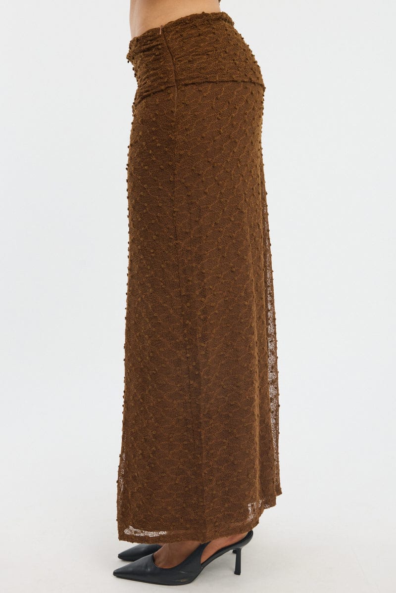 Brown Maxi Skirt Textured Gathered Waist Stretch Lined