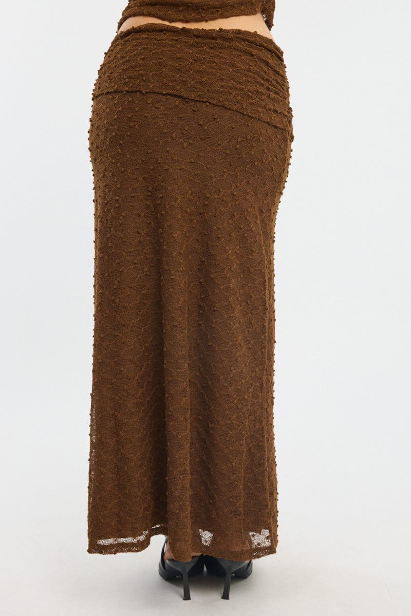 Brown Maxi Skirt Textured Gathered Waist Stretch Lined