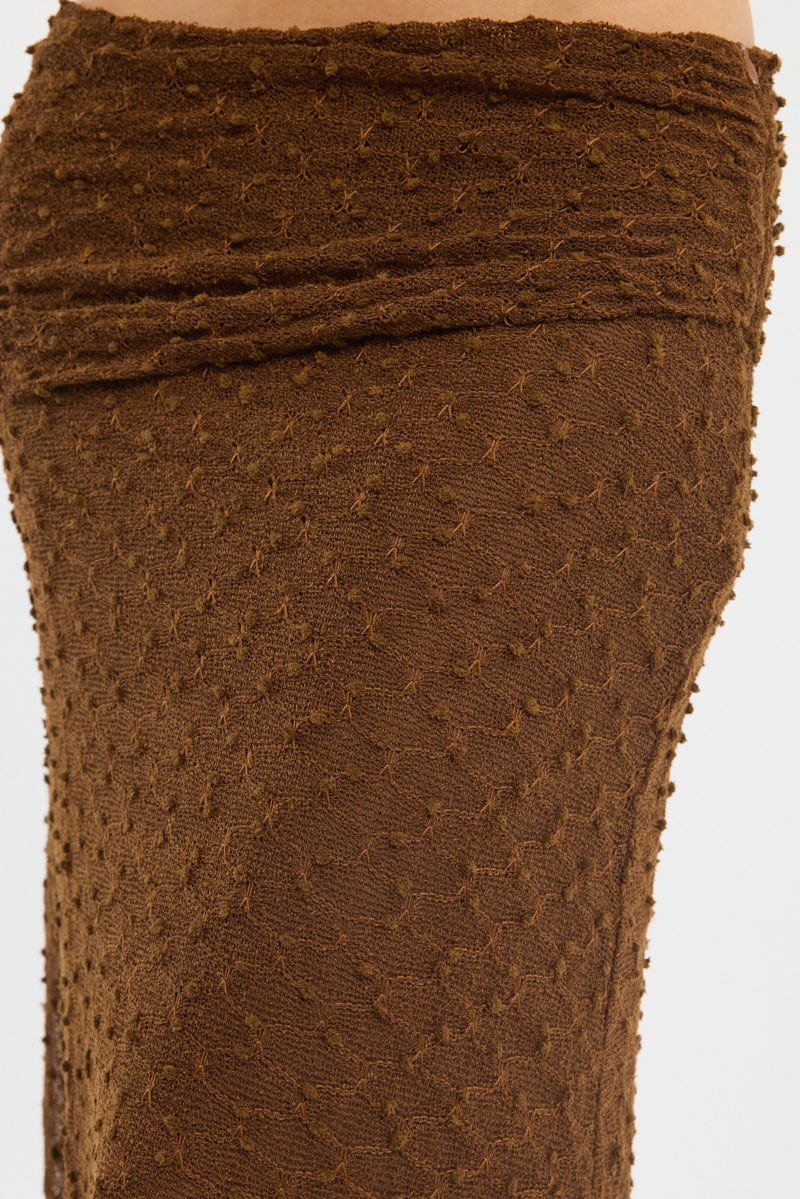 Brown Maxi Skirt Textured Gathered Waist Stretch Lined
