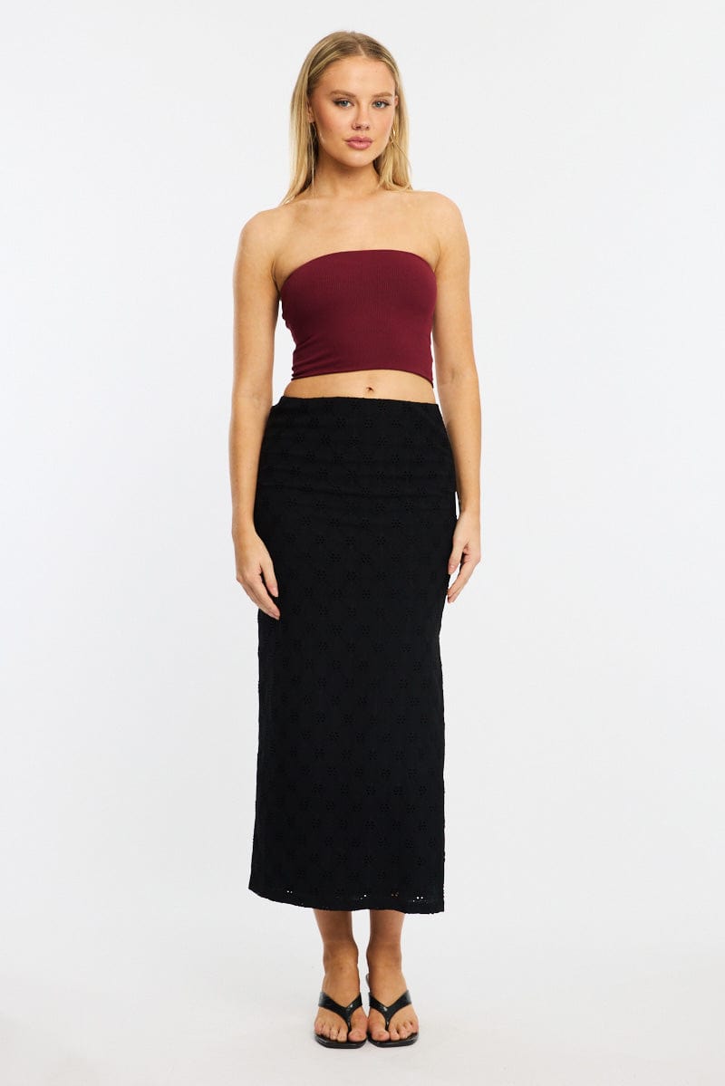Black Midaxi Skirt Elastic Waisthigh Rise Stretch Eyelet