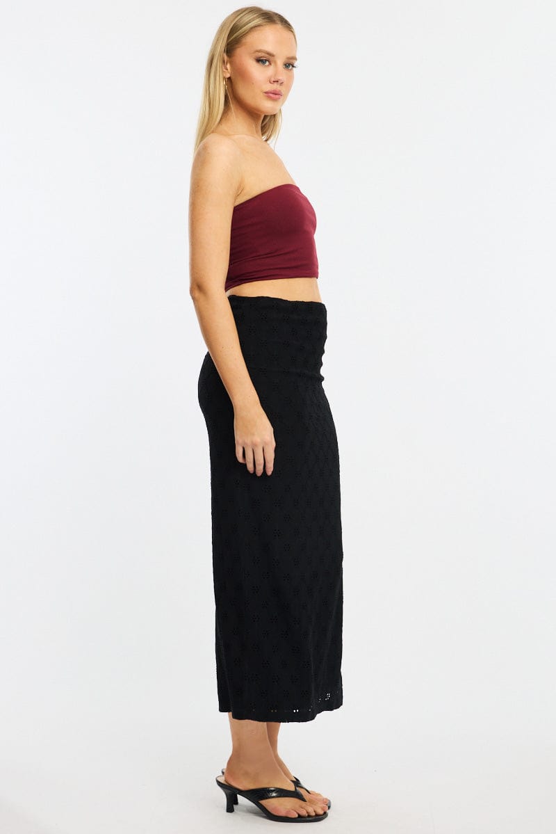 Black Midaxi Skirt Elastic Waisthigh Rise Stretch Eyelet