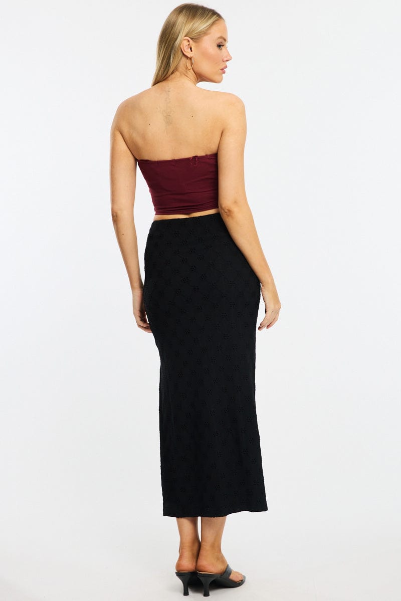 Black Midaxi Skirt Elastic Waisthigh Rise Stretch Eyelet