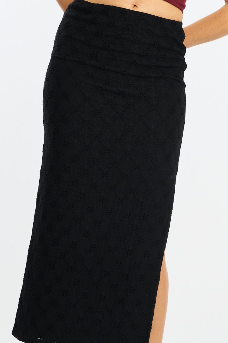 Black Midaxi Skirt Elastic Waisthigh Rise Stretch Eyelet