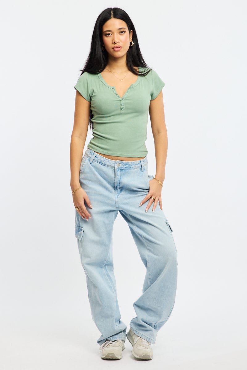 Green Button Down T-Shirt Short Sleeve Rib