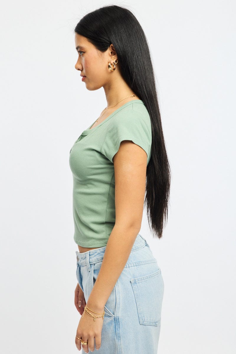 Green Button Down T-Shirt Short Sleeve Rib