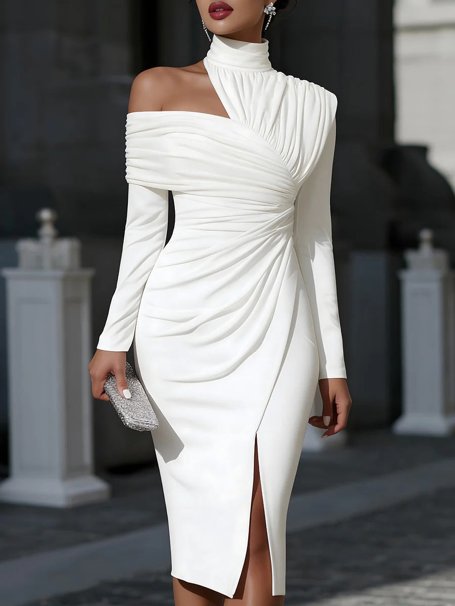 One-Shoulder Ruched Midi Dress