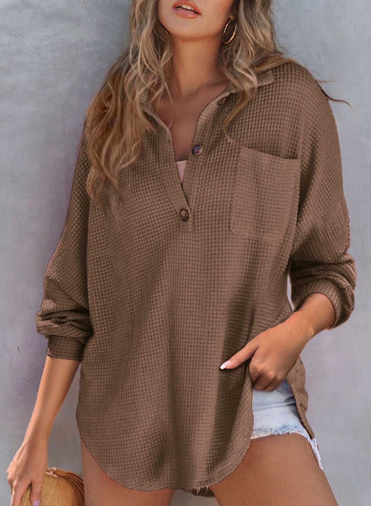 New Waffle Knit Henley V Neck Shirt Jacket
