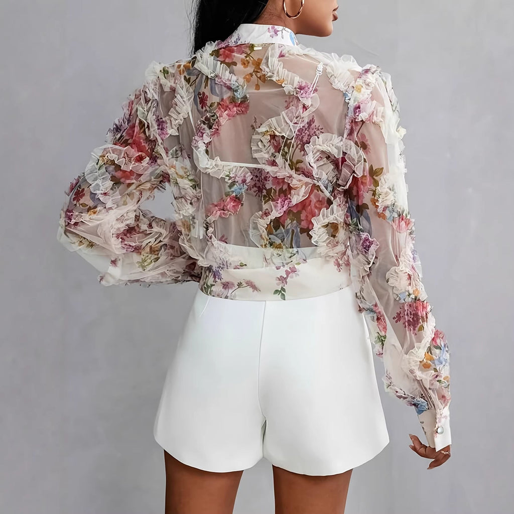 Lace Floral Chiffon Shirt Long Sleeve Ruffle-Trimmed Blouse
