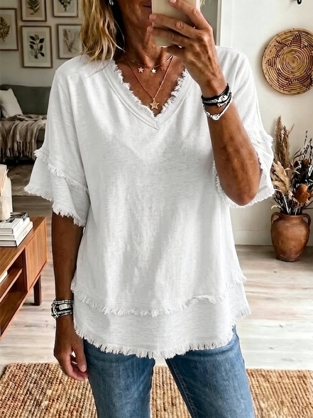 V-Neck Pullover Short-Sleeve Loose Shirt