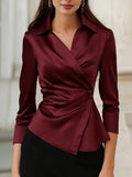 Wine Red Satin V-Neck Crossed Waist Irregular Long Sleeved Shirt