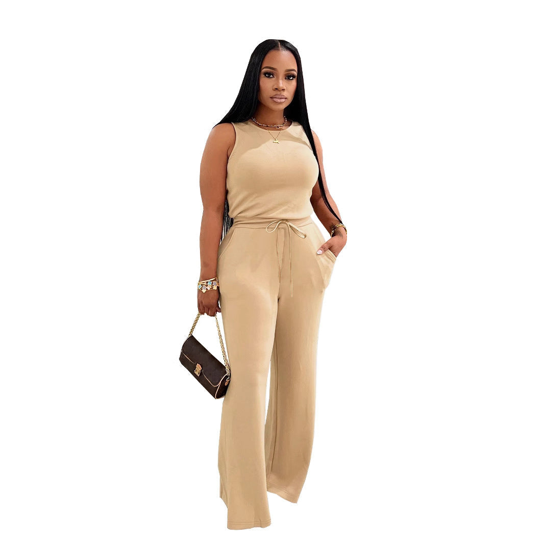 Casual Solid-Colored Lace-Up Jumpsuit