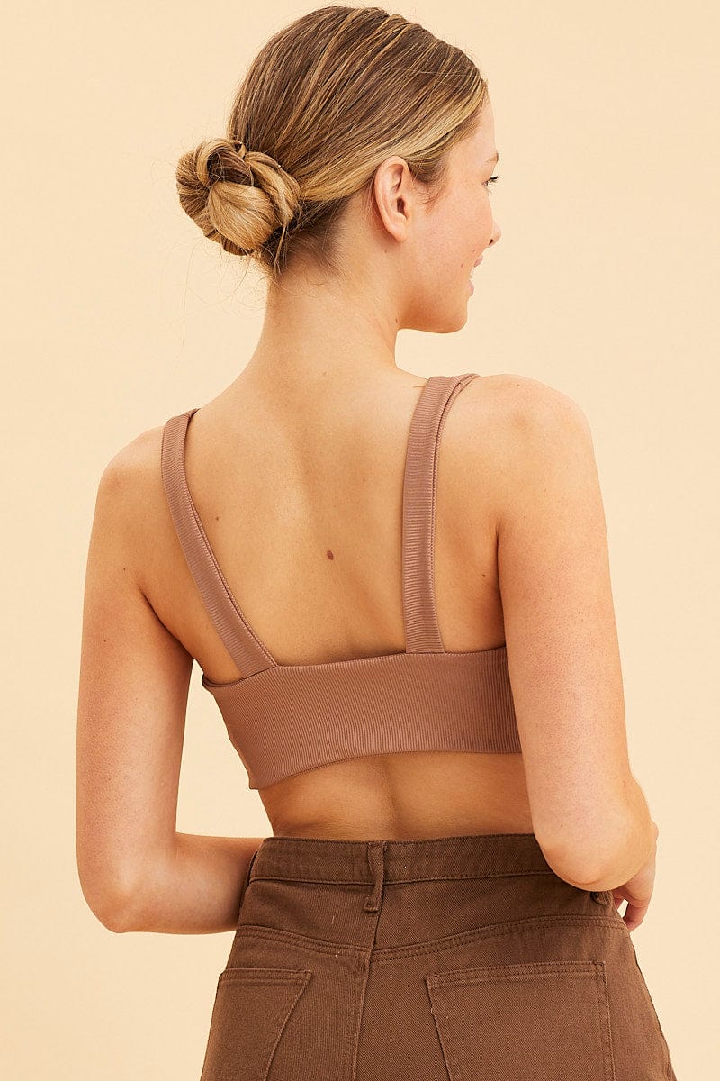 Brown V Neck Bralette Cotton Stretch