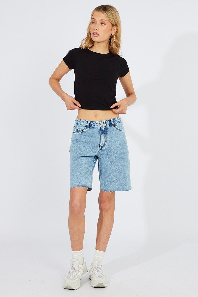 Black T-Shirt Short Sleeve Crew Neck Ruched Seamless