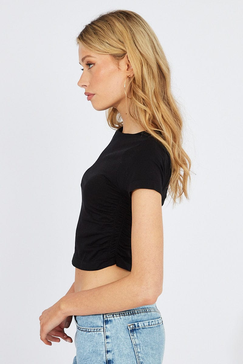 Black T-Shirt Short Sleeve Crew Neck Ruched Seamless