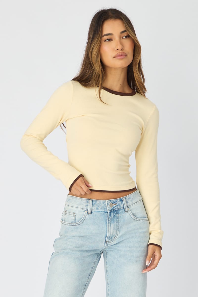 Yellow Long Sleeve Contrast Binding T-Shirt