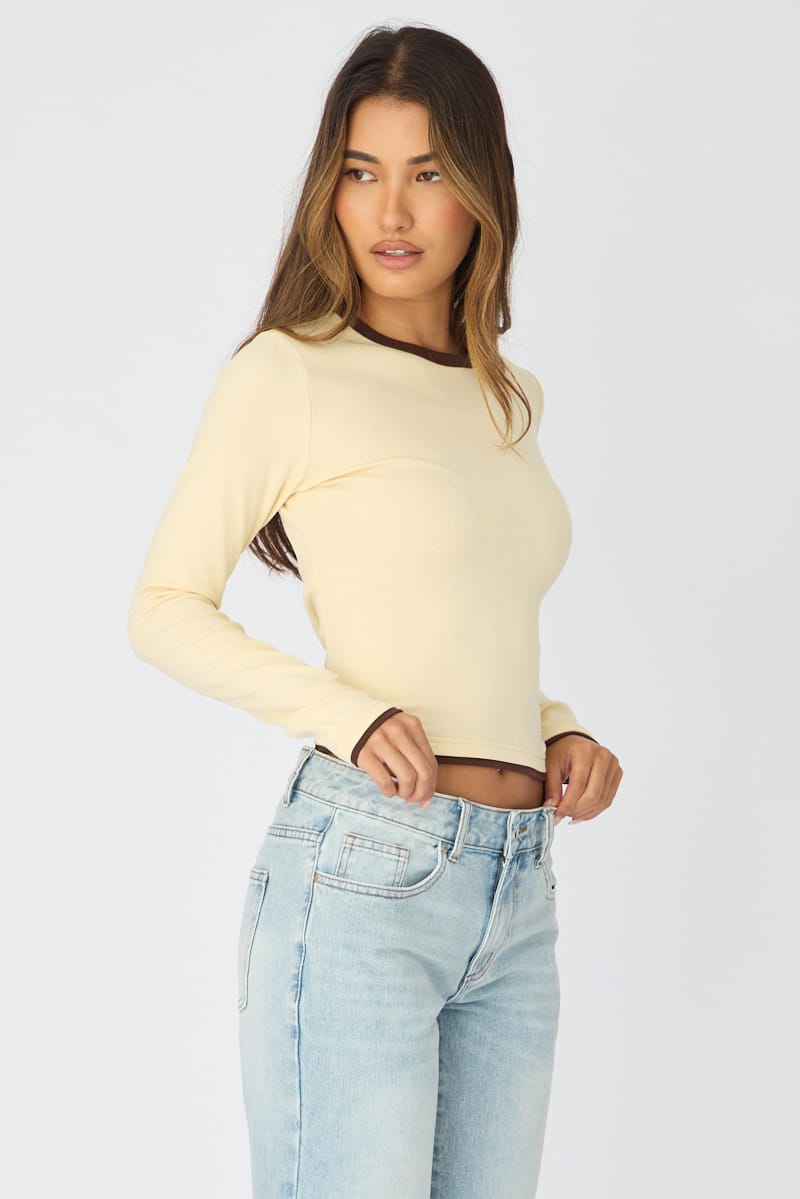 Yellow Long Sleeve Contrast Binding T-Shirt