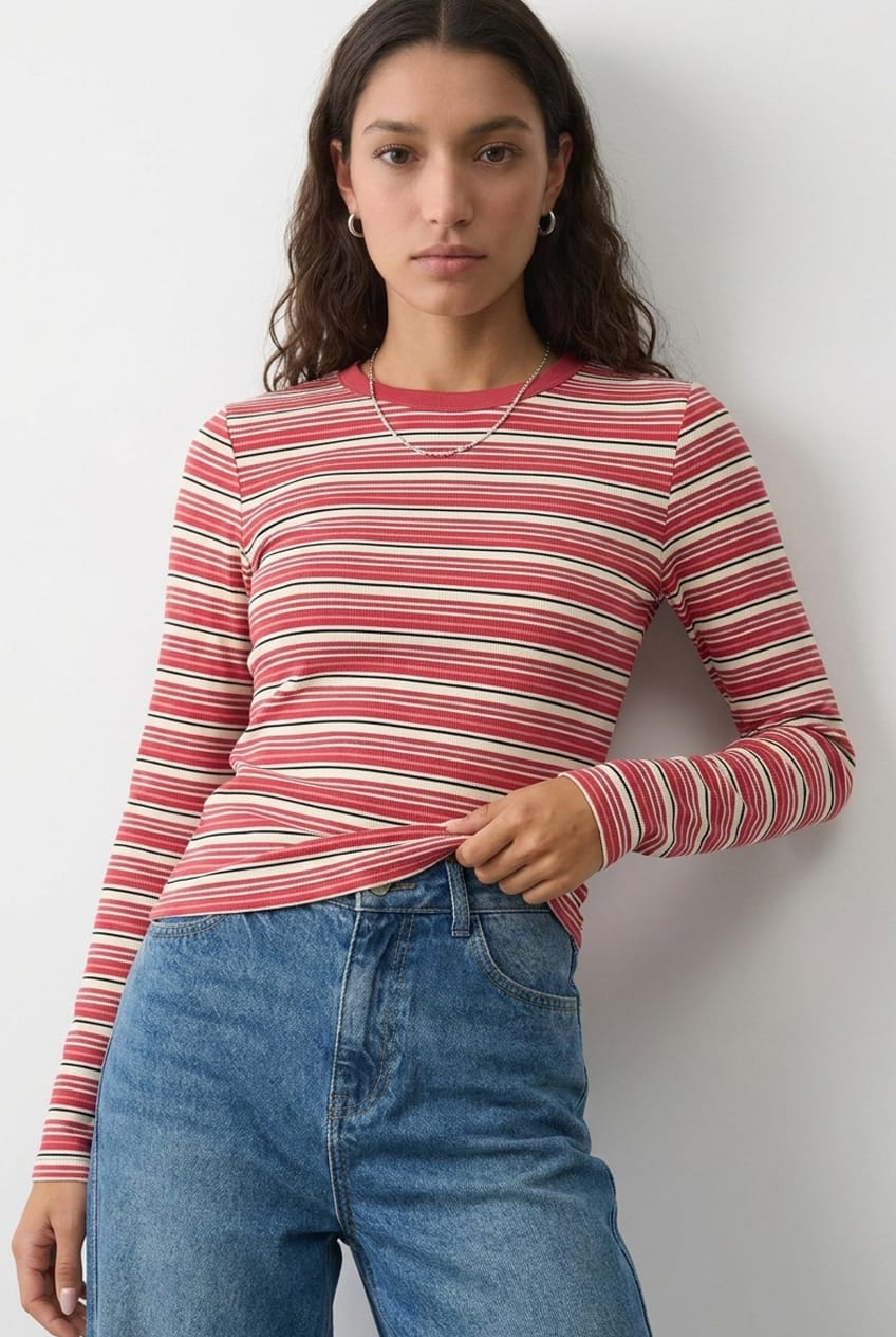 Red Stripe Long Sleeve Rib Stripe Tshirt