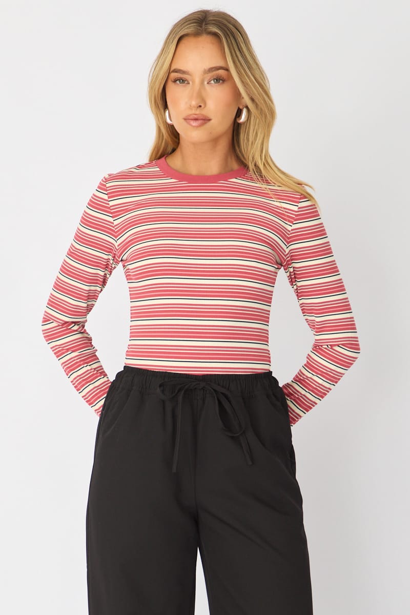 Red Stripe Long Sleeve Rib Stripe Tshirt