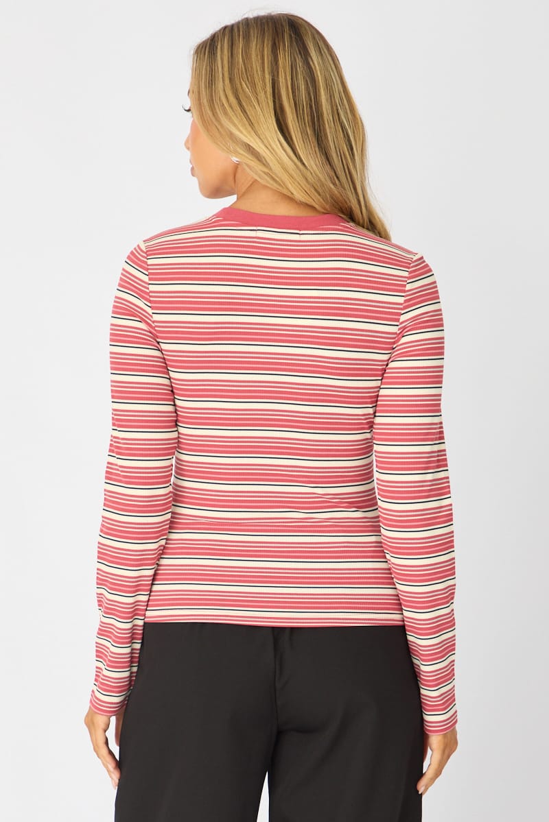 Red Stripe Long Sleeve Rib Stripe Tshirt