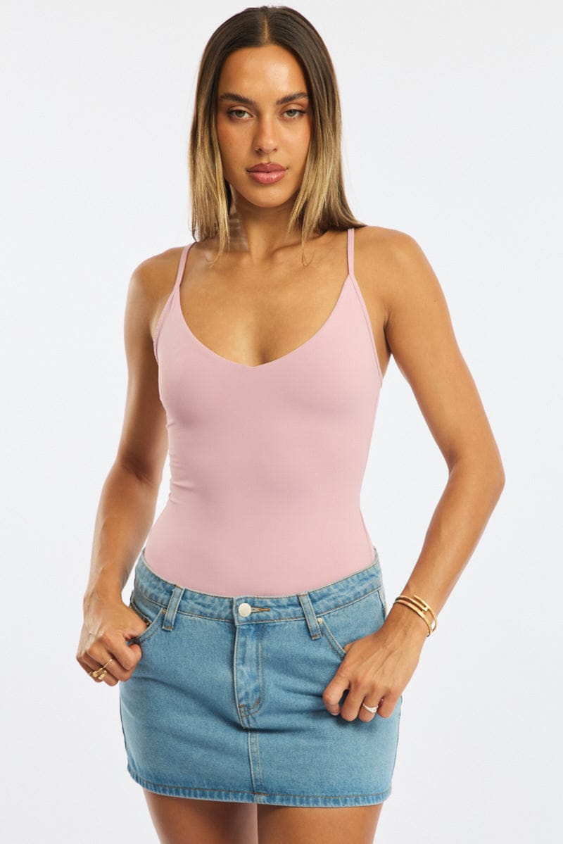 Pink Bodysuit Tank Top V-Neck Supersoft