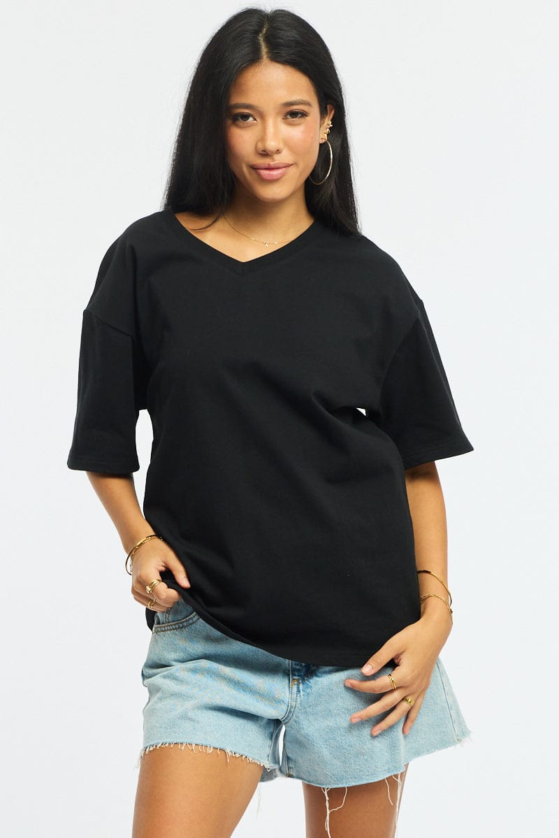 Black Oversized T-Shirt V-Neck Short Sleeve