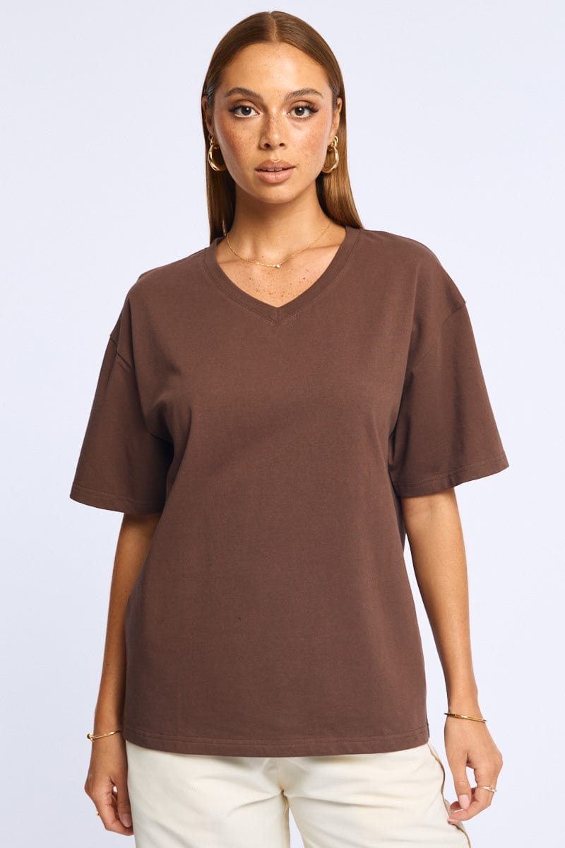 Brown Oversized T-Shirt V-Neck Short Sleeve
