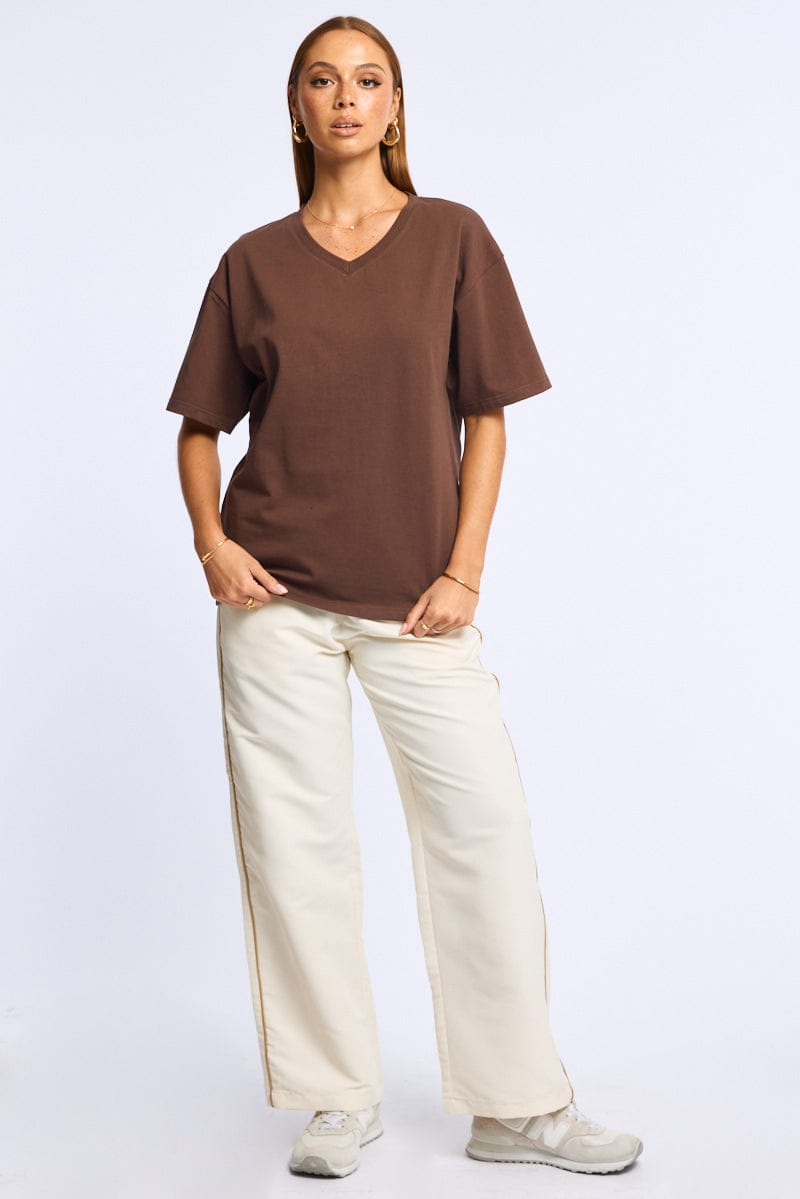 Brown Oversized T-Shirt V-Neck Short Sleeve