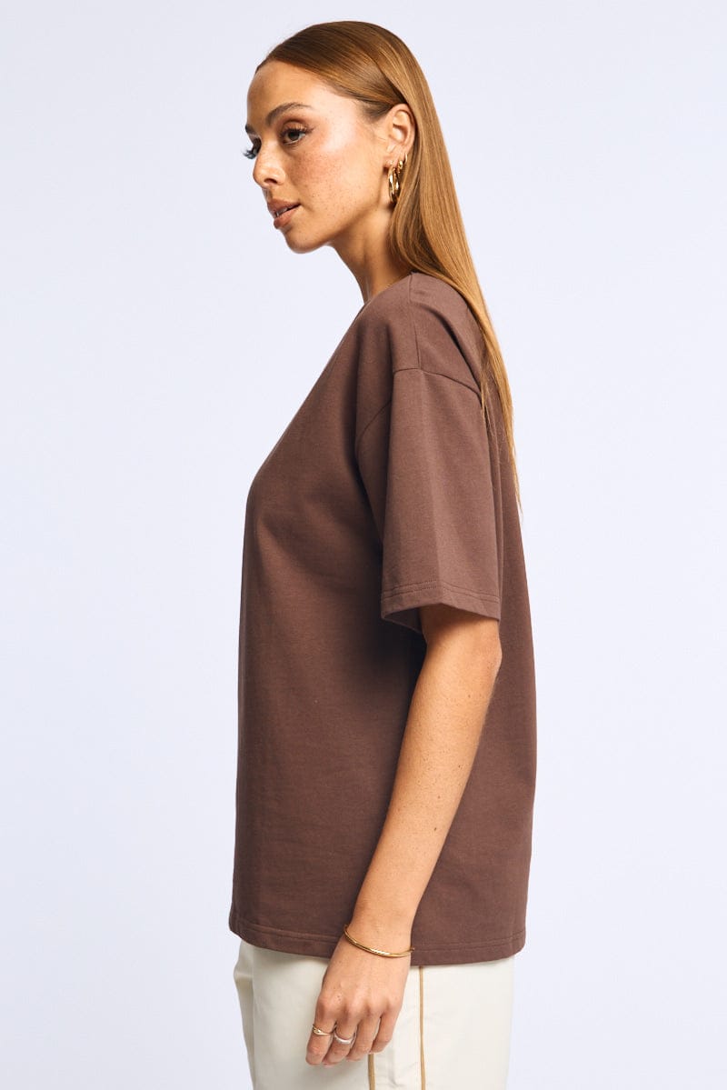 Brown Oversized T-Shirt V-Neck Short Sleeve