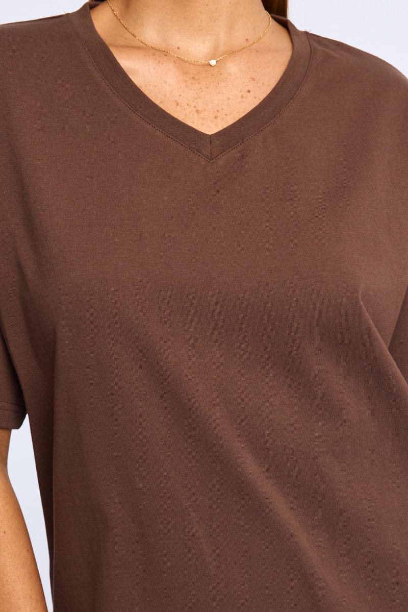 Brown Oversized T-Shirt V-Neck Short Sleeve