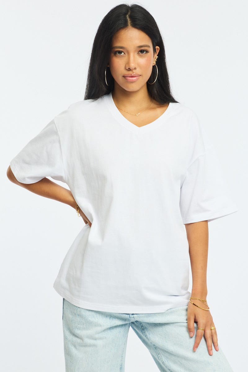 White Oversized T-Shirt V-Neck Short Sleeve