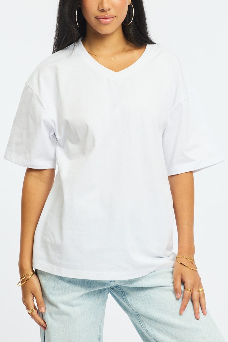 White Oversized T-Shirt V-Neck Short Sleeve
