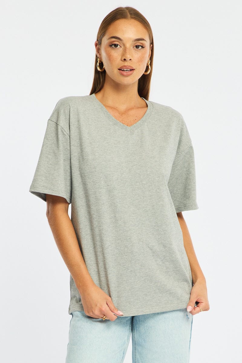 Grey Oversized T-Shirt V-Neck Short Sleeve