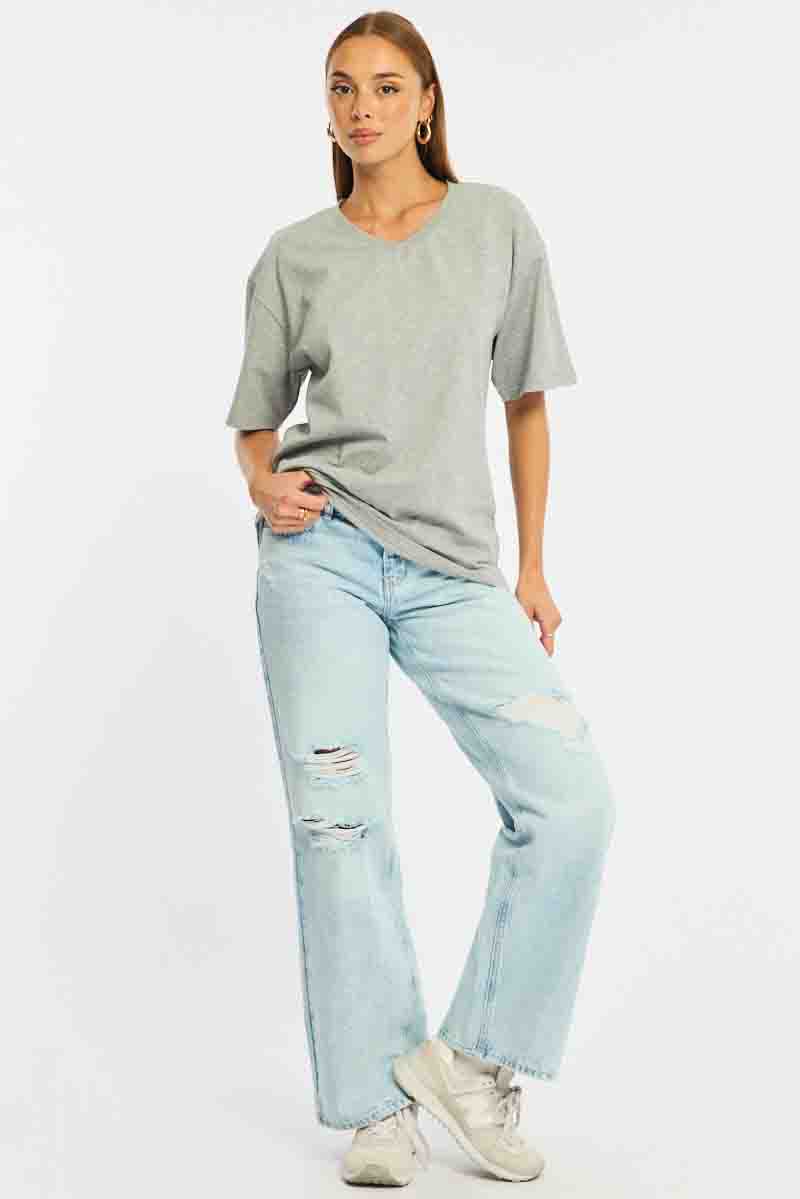 Grey Oversized T-Shirt V-Neck Short Sleeve
