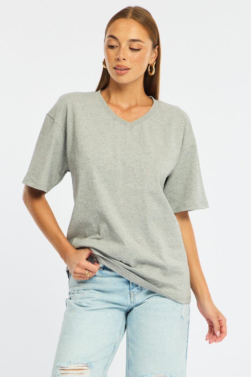 Grey Oversized T-Shirt V-Neck Short Sleeve