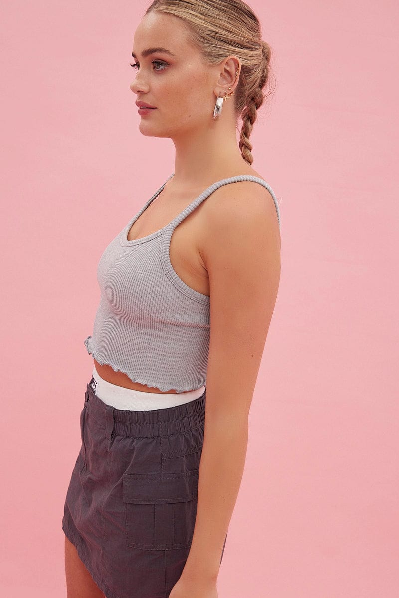 Grey Crop Tank Top Top Round Neck