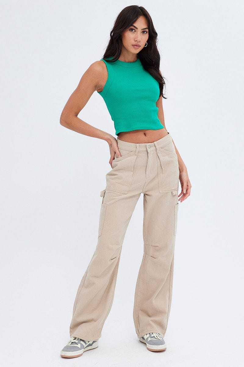 Green Crop Tank Top Crew Neck