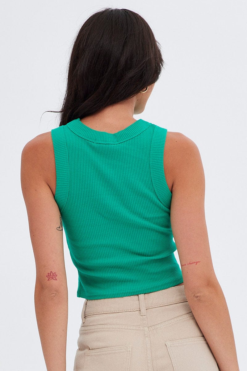 Green Crop Tank Top Crew Neck